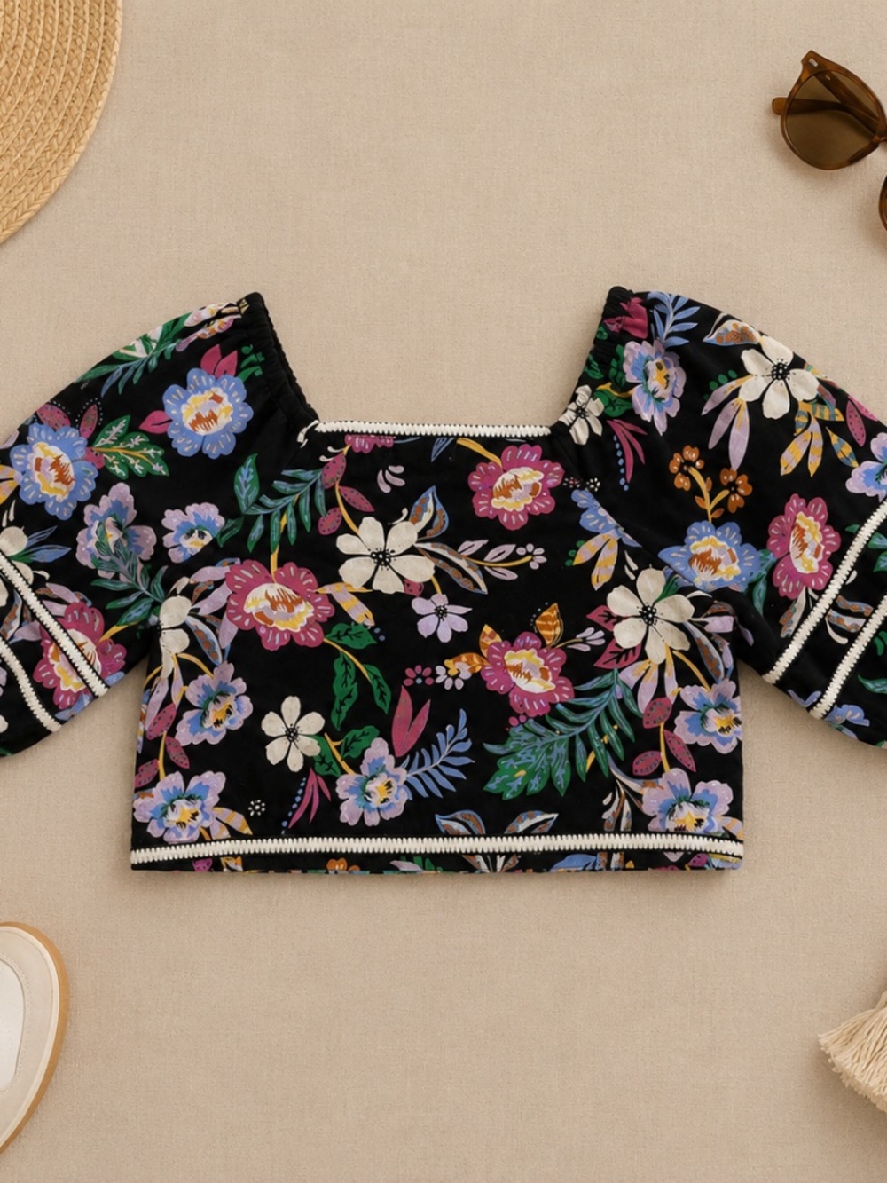 C&C California Black Floral Linen Crop Top White Tassel Fringe Trim Boho Sz S